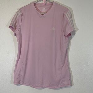 ADIDAS  - LARGE - PINK / WHITE  - V-NECK - ACTIVE SHORT SLEEVE ATHLETIC TOP